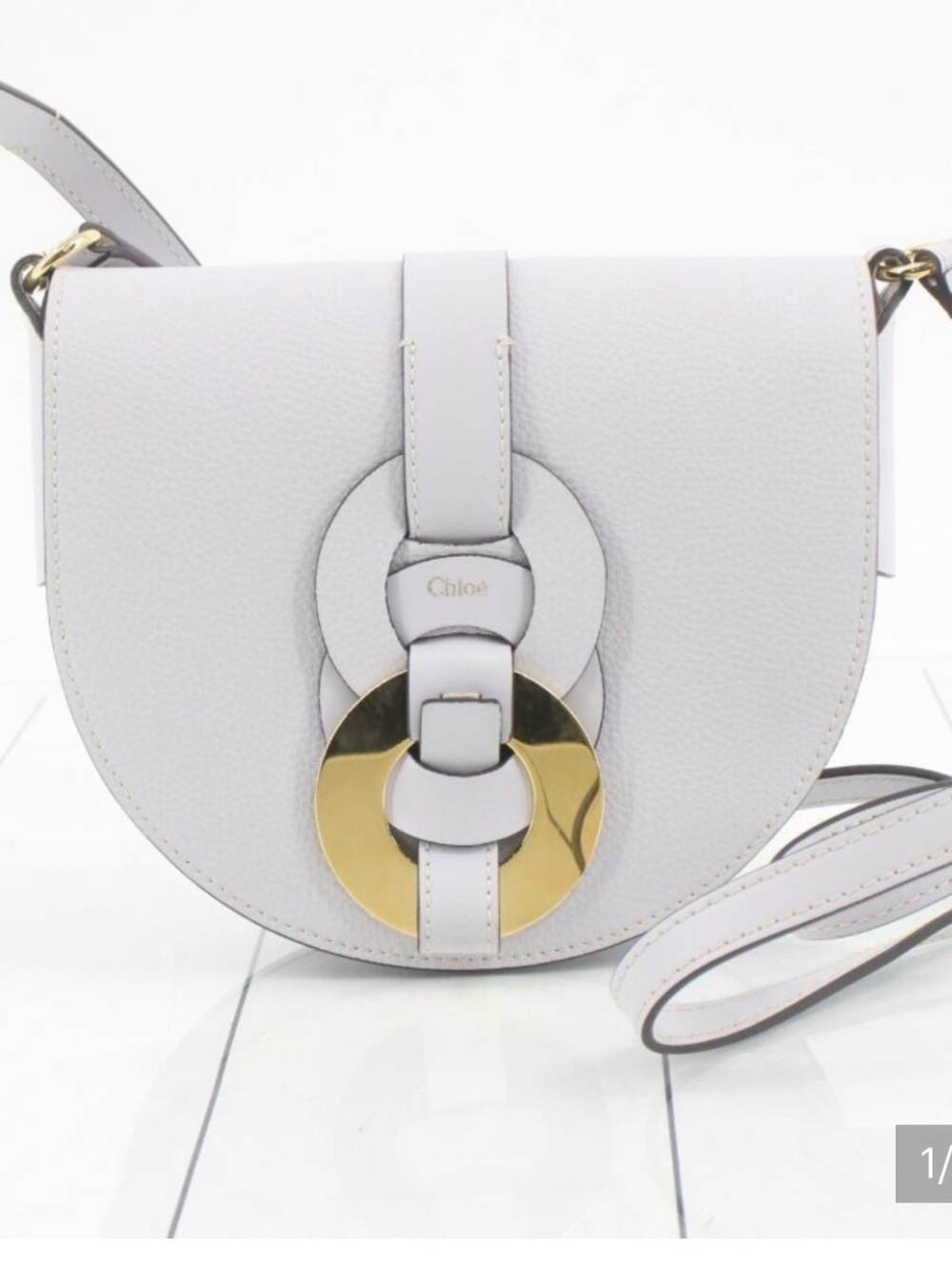 NEW !! Small Chloe White Leather Saddle Crossbody Bag with Gold Ring Detail